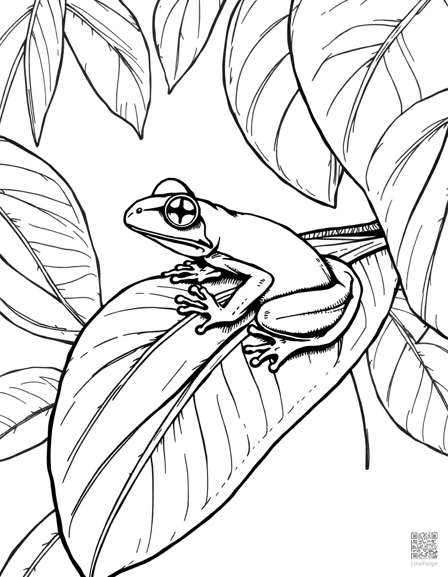 Free tree frog on a colorful tropical leaf coloring page in crosshatch style — printable line art