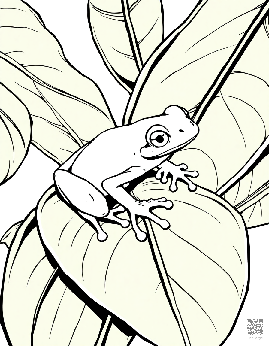 Free tree frog on a colorful tropical leaf coloring page in manga style — printable line art