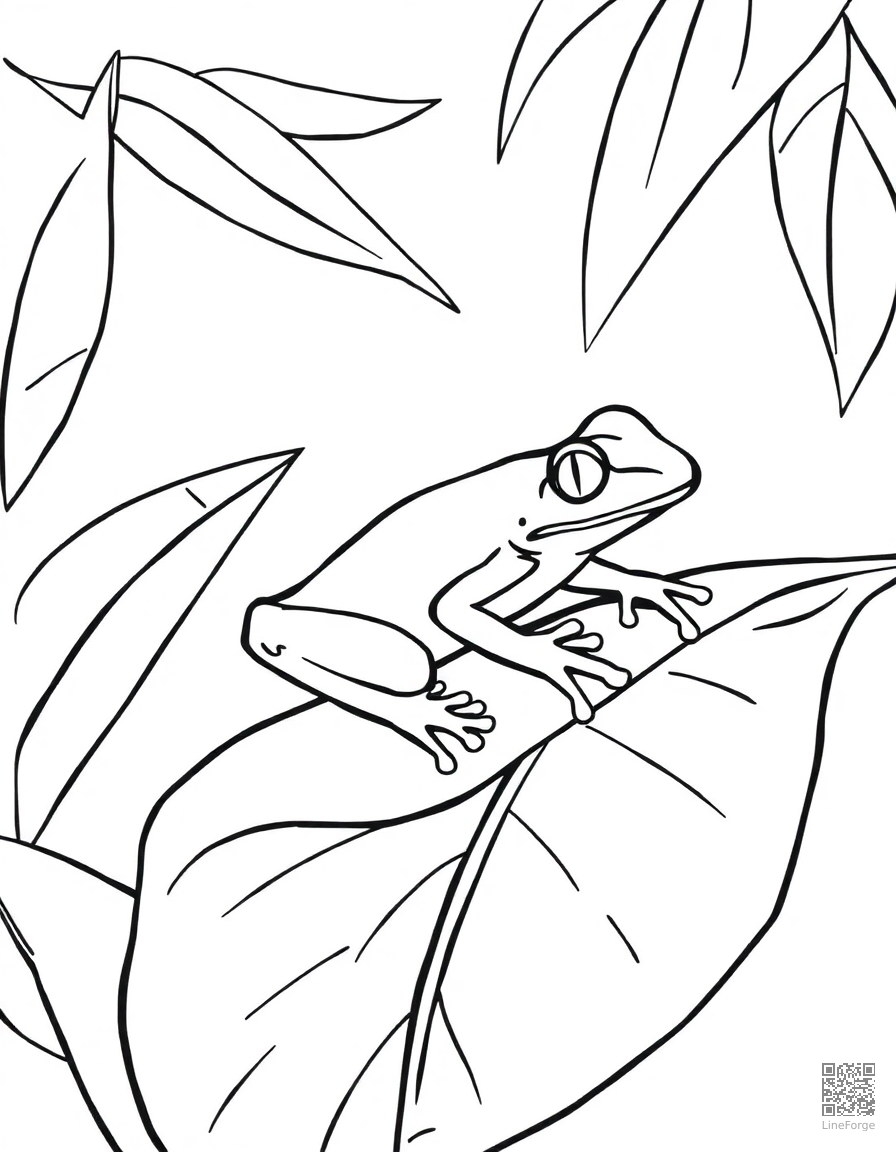 Free tree frog on a colorful tropical leaf coloring page in minimal style — printable line art