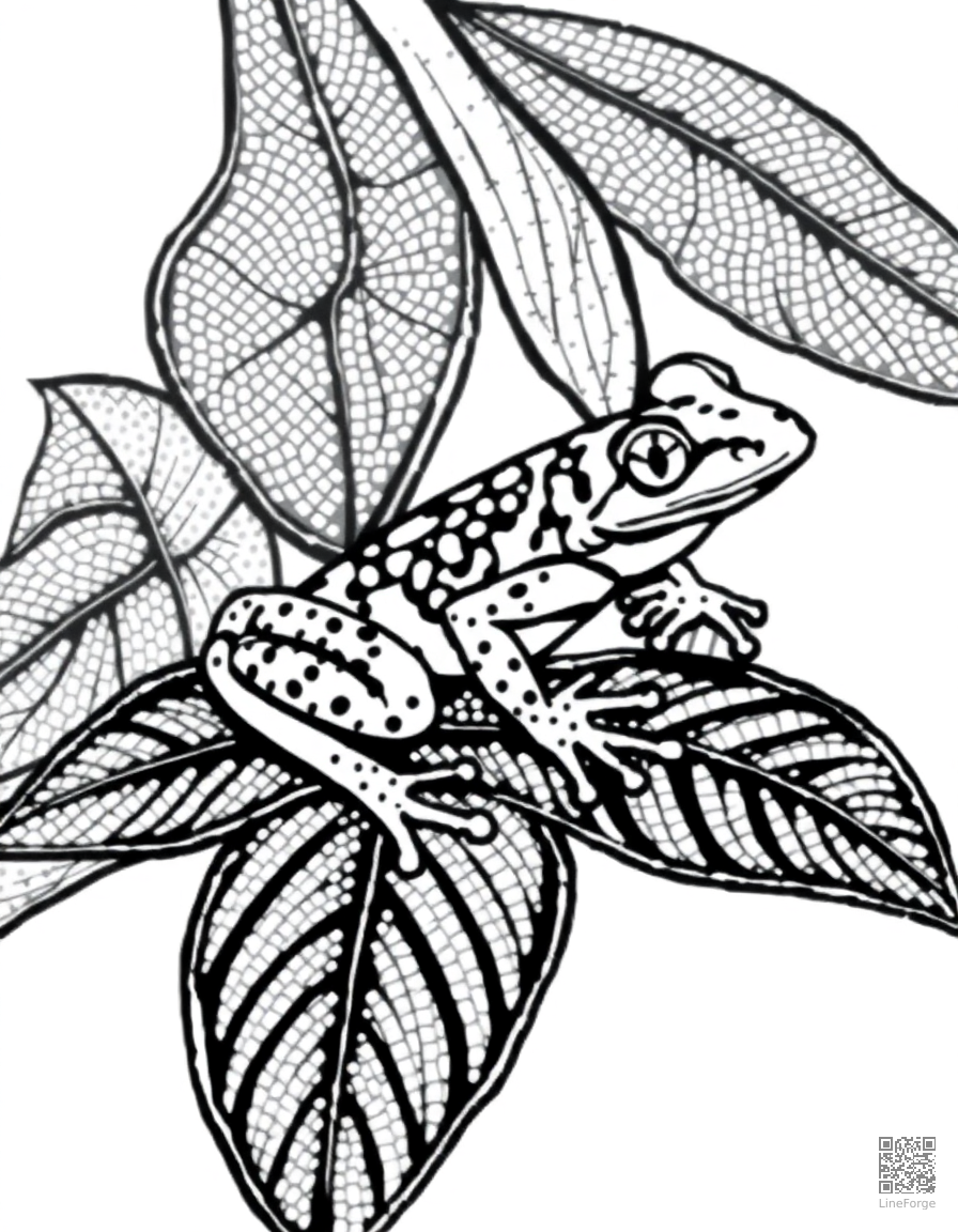 Free tree frog on a colorful tropical leaf coloring page in stipple style — printable line art