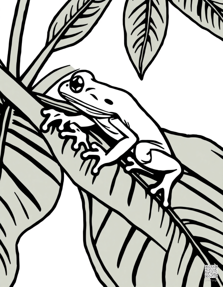 Free tree frog on a colorful tropical leaf coloring page in woodcut style — printable line art
