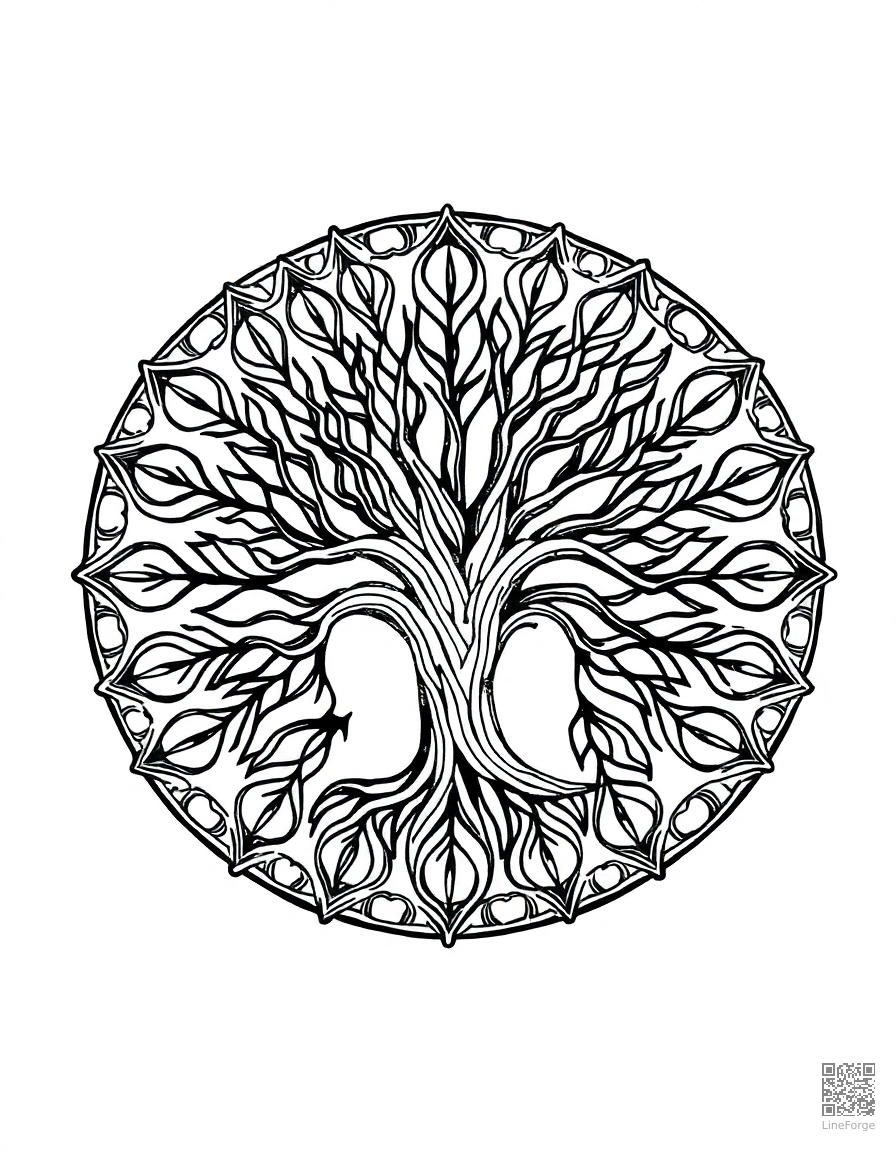 tree of life mandala design coloring page Crosshatch style - free printable
