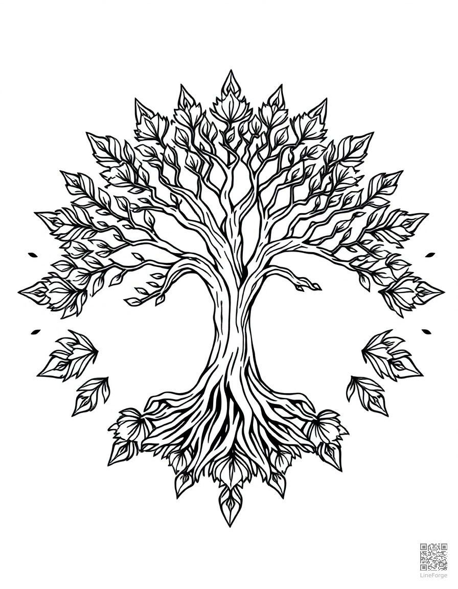 tree of life mandala design coloring page Manga style - free printable
