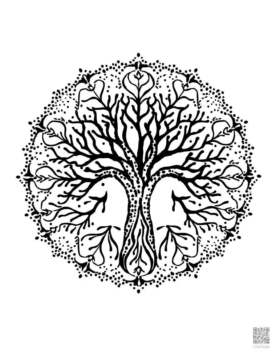 tree of life mandala design coloring page Stipple style - free printable