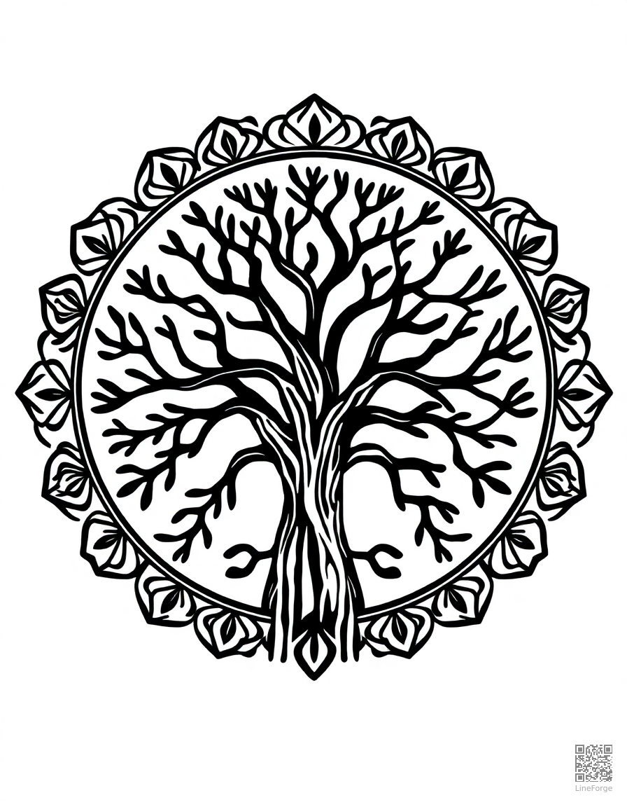 tree of life mandala design coloring page Woodcut style - free printable