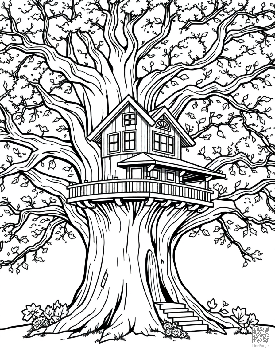Free treehouse built in a giant oak tree coloring page in contour style — printable line art