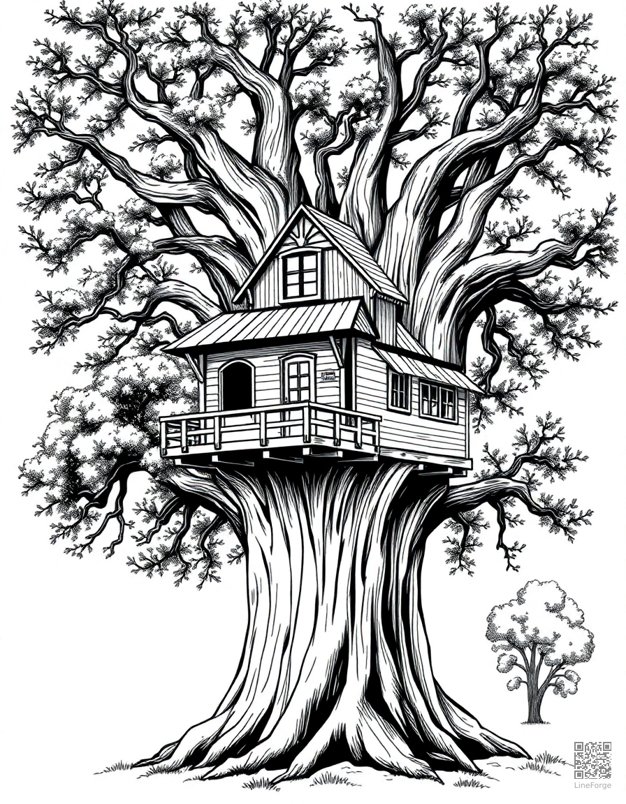 Free treehouse built in a giant oak tree coloring page in crosshatch style — printable line art
