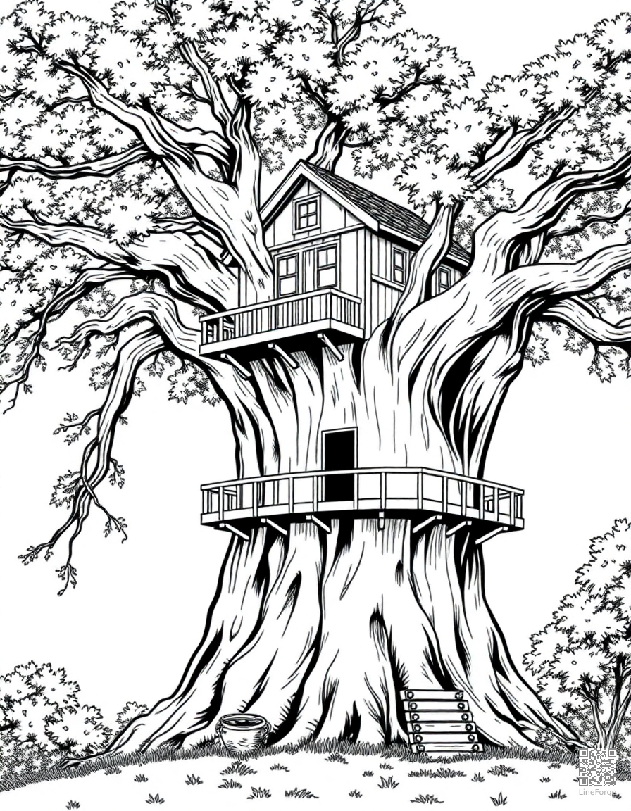 Free treehouse built in a giant oak tree coloring page in manga style — printable line art