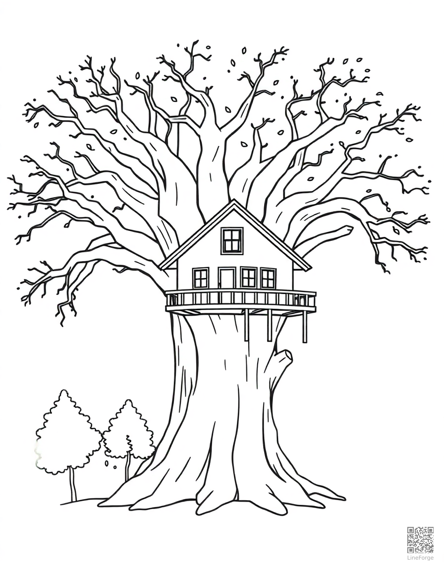 Free treehouse built in a giant oak tree coloring page in minimal style — printable line art