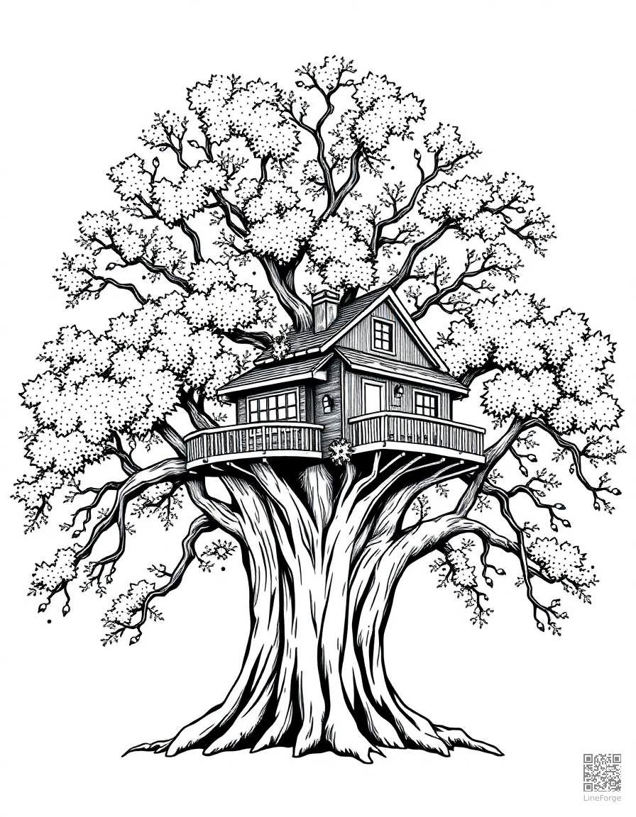 Free treehouse built in a giant oak tree coloring page in stipple style — printable line art
