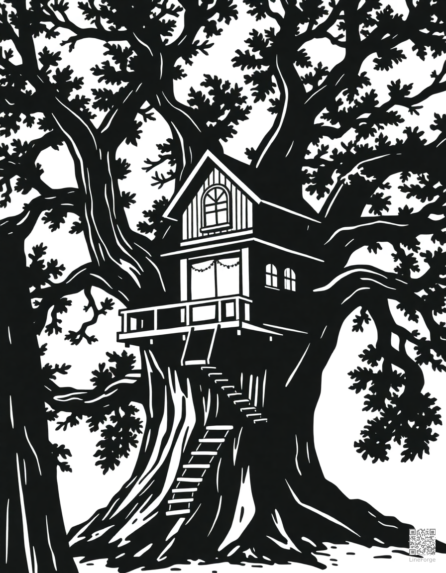 Free treehouse built in a giant oak tree coloring page in woodcut style — printable line art