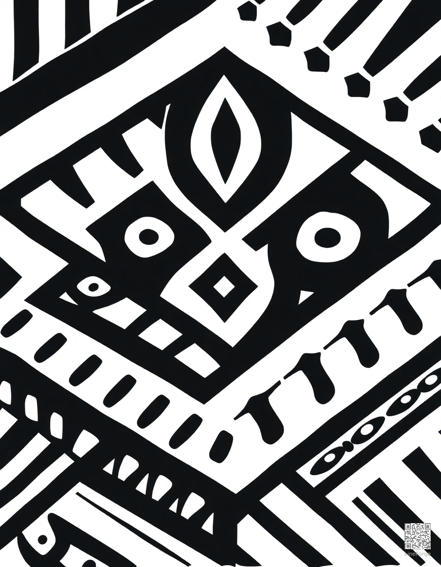 tribal pattern with bold geometric lines coloring page Woodcut style - free printable