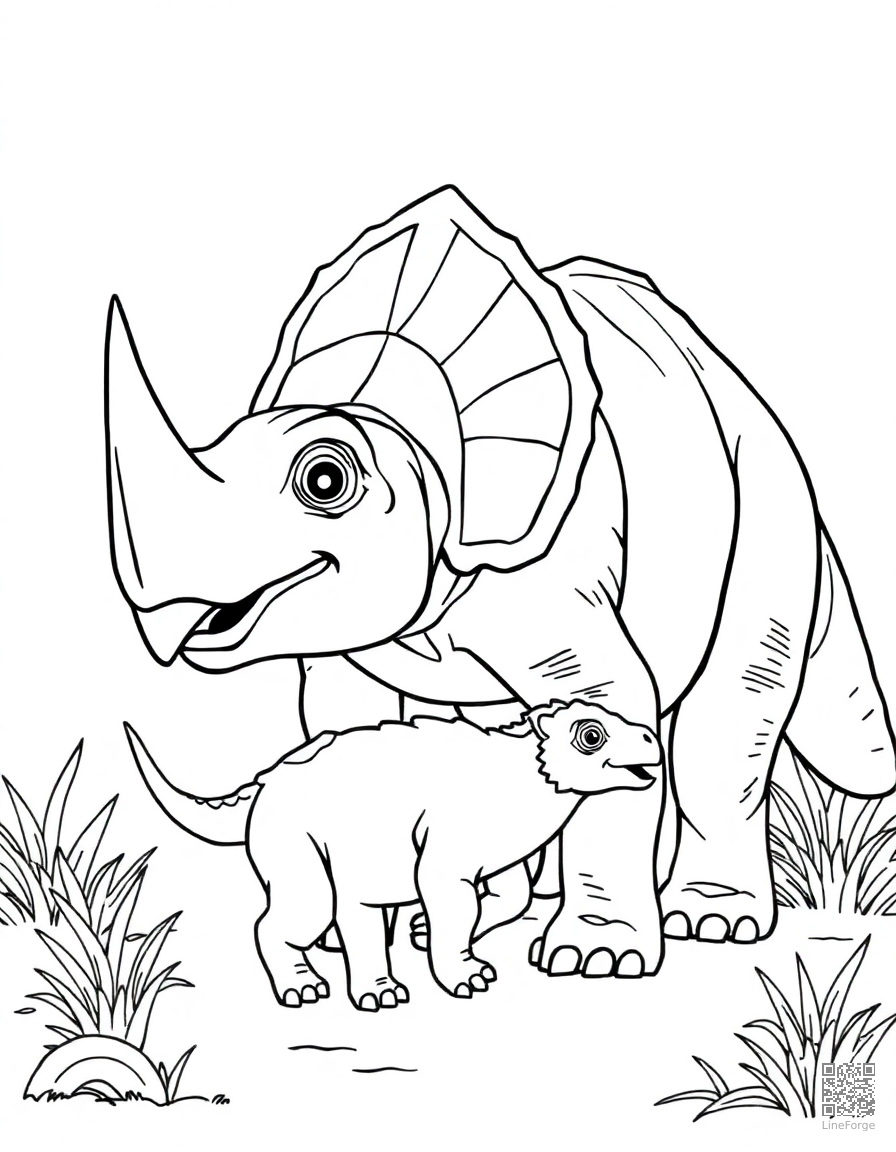 triceratops defending baby from a predator coloring page Contour style - free printable