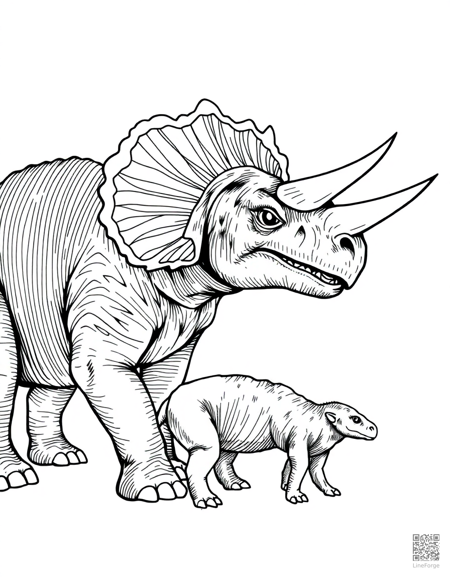 triceratops defending baby from a predator coloring page Crosshatch style - free printable