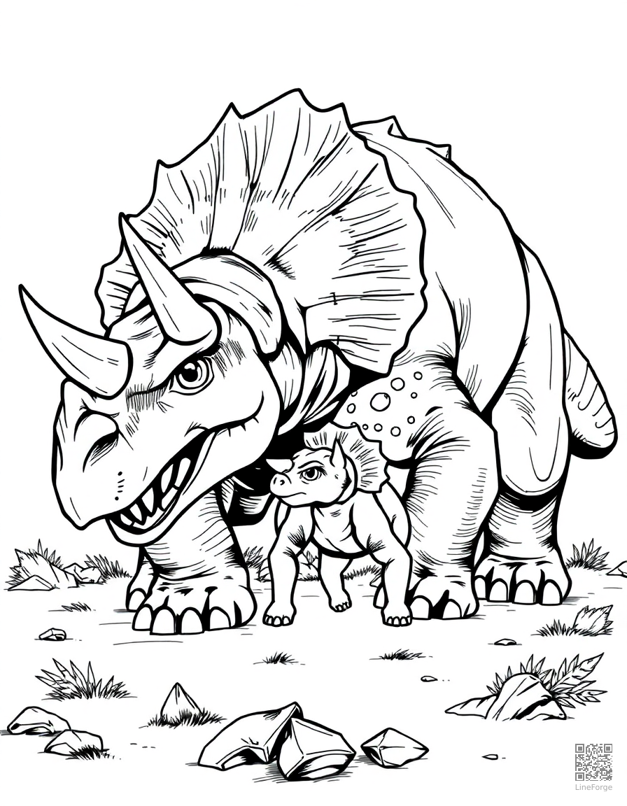 triceratops defending baby from a predator coloring page Manga style - free printable