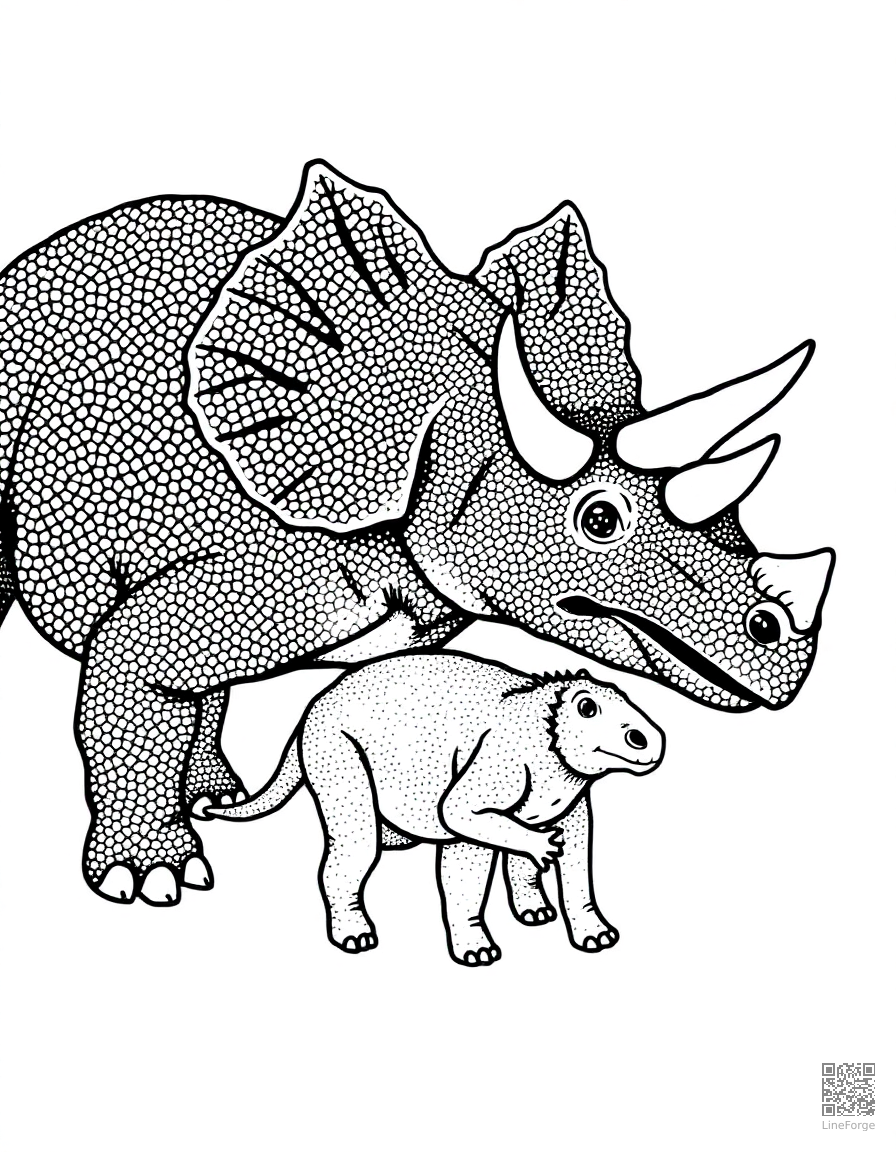 triceratops defending baby from a predator coloring page Stipple style - free printable