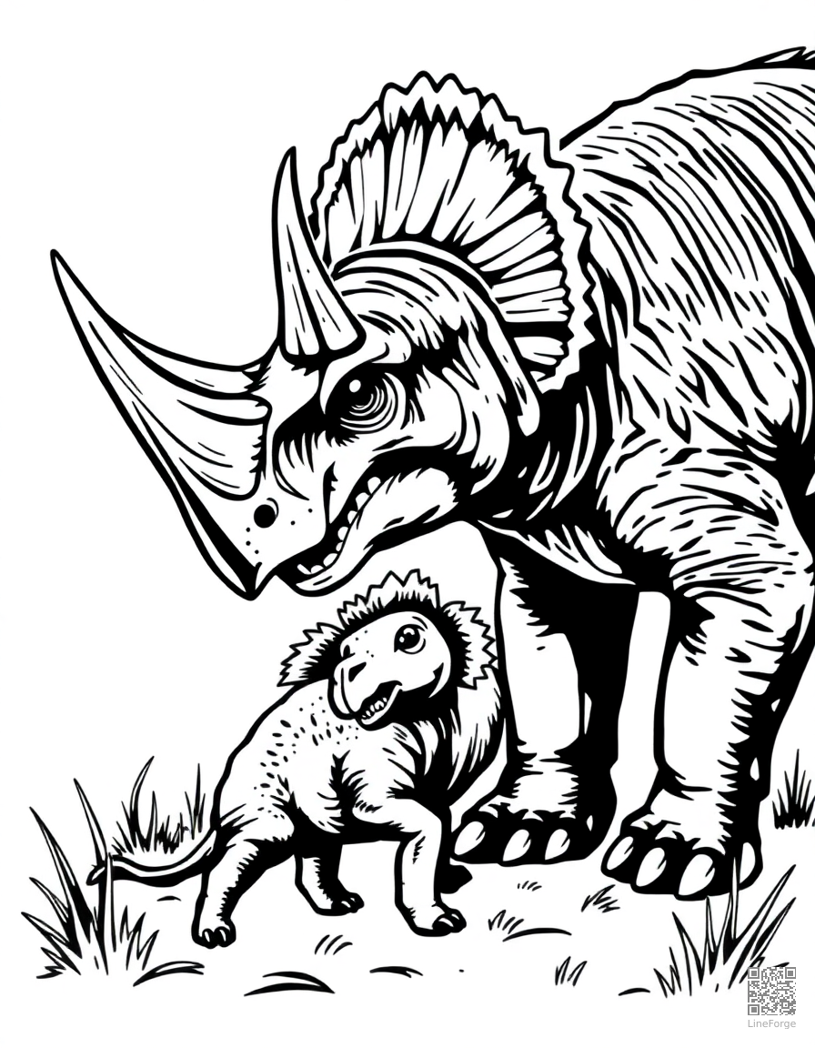 triceratops defending baby from a predator coloring page Woodcut style - free printable