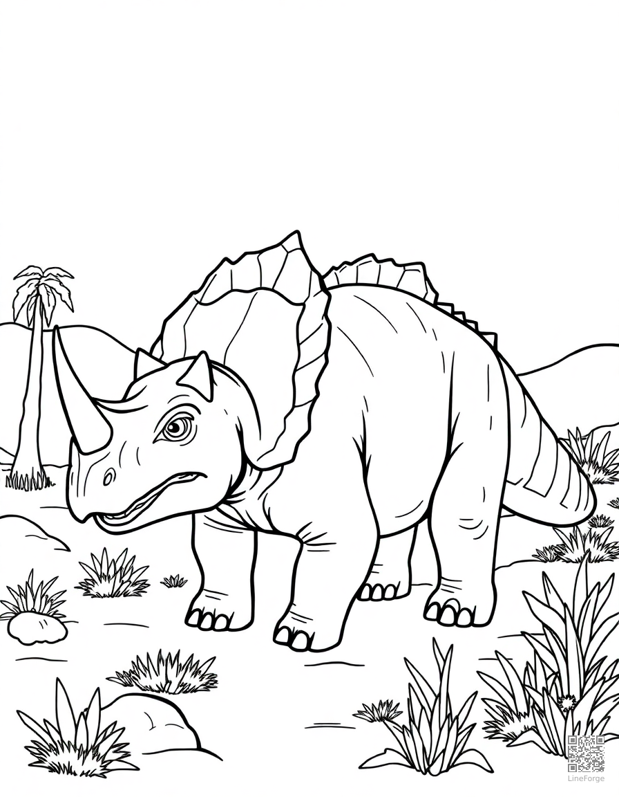 Triceratops in a prehistoric landscape coloring page Contour style - free printable