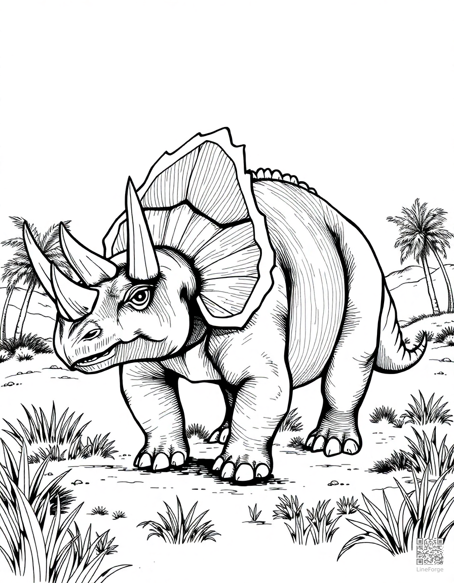 Triceratops in a prehistoric landscape coloring page Crosshatch style - free printable