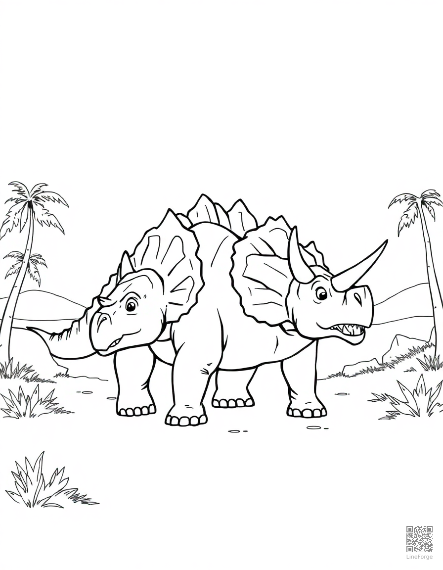 Triceratops in a prehistoric landscape coloring page Manga style - free printable
