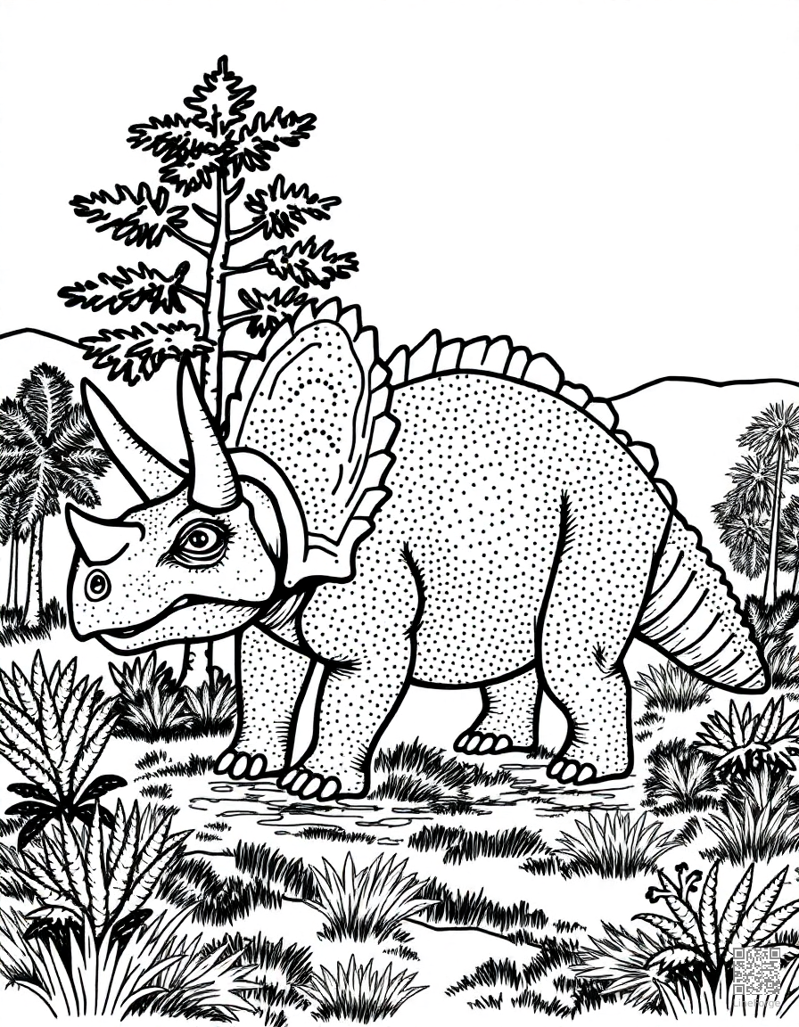 Triceratops in a prehistoric landscape coloring page Stipple style - free printable