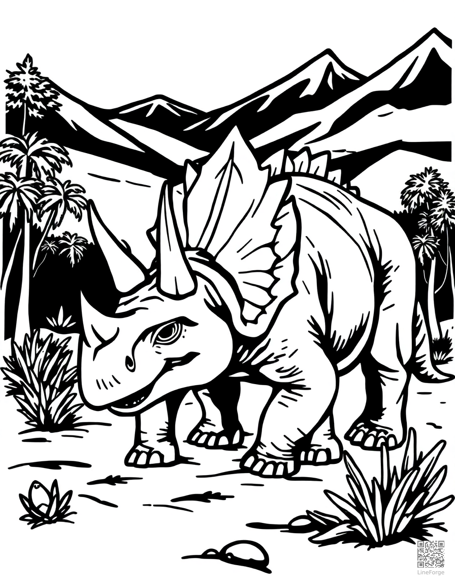 Triceratops in a prehistoric landscape coloring page Woodcut style - free printable