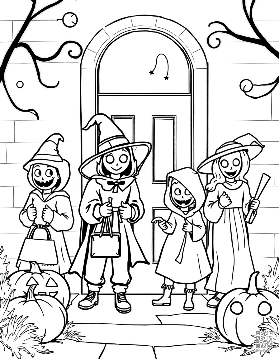 Free trick or treaters going door to door coloring page in contour style — printable line art