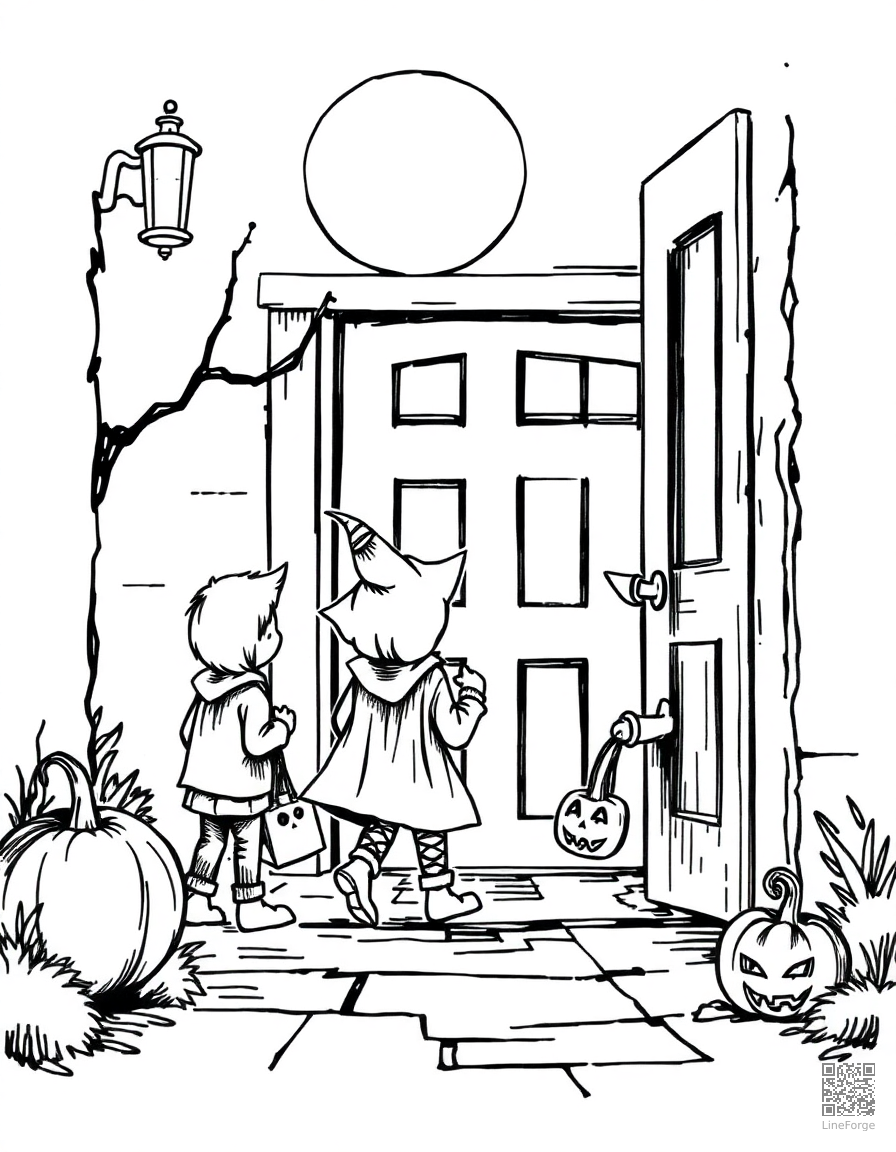 Free trick or treaters going door to door coloring page in crosshatch style — printable line art