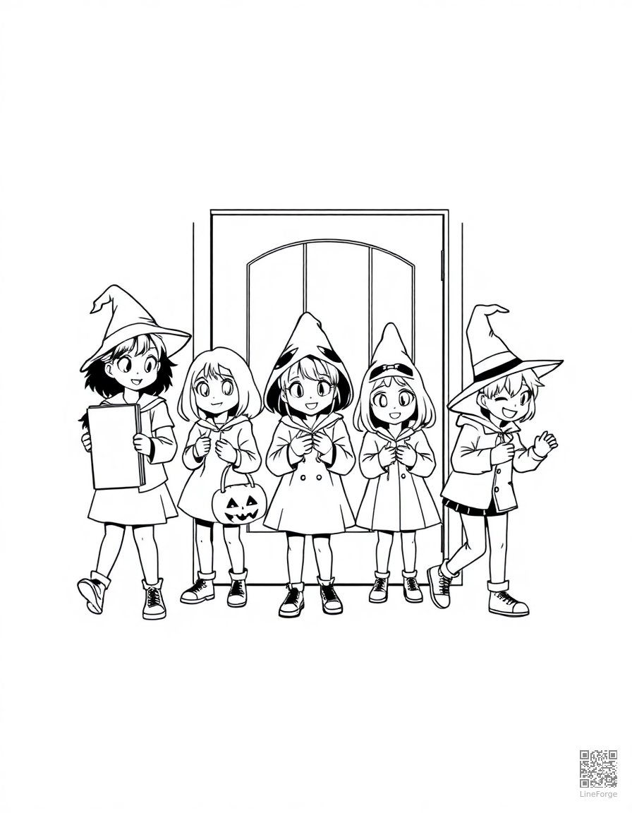 Free trick or treaters going door to door coloring page in manga style — printable line art