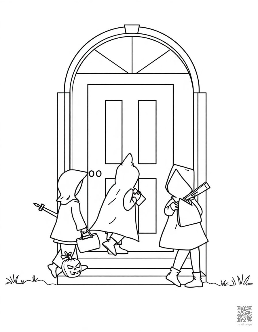 Free trick or treaters going door to door coloring page in minimal style — printable line art