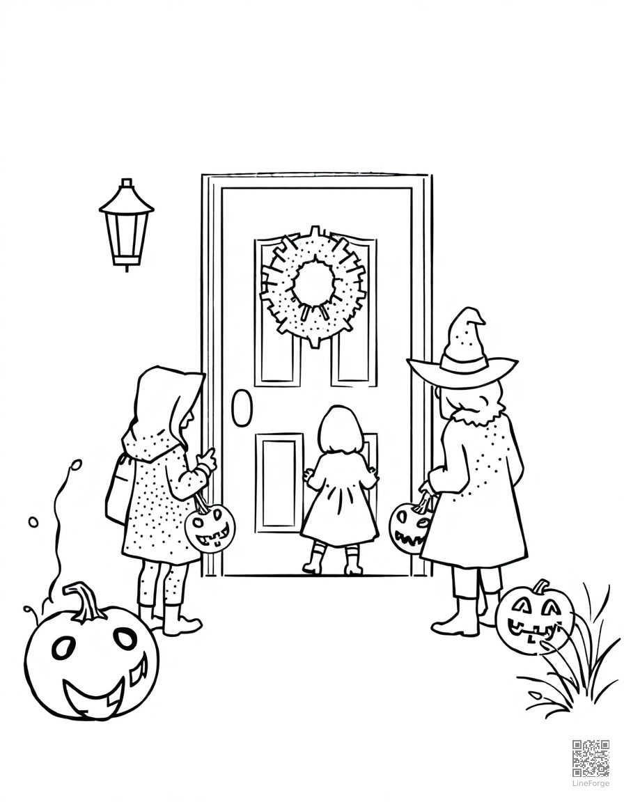 trick or treaters going door to door coloring page Stipple style free printable