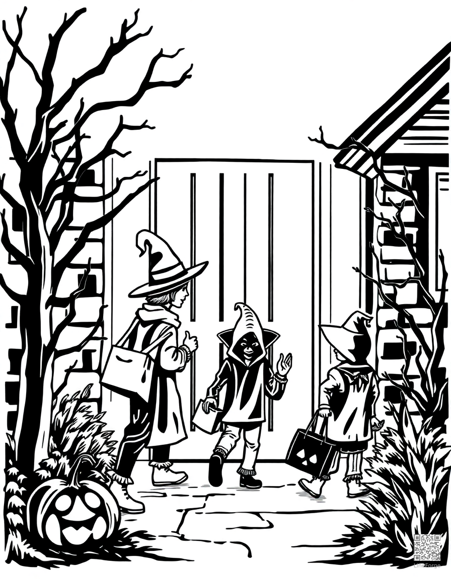 Free trick or treaters going door to door coloring page in woodcut style — printable line art