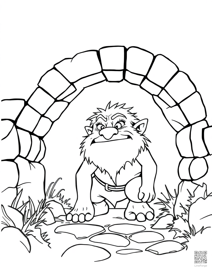 Free troll under a stone bridge coloring page in contour style — printable line art