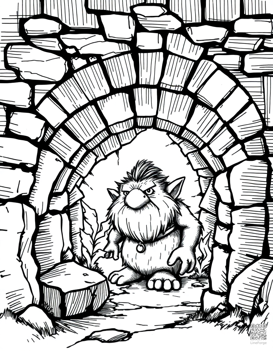 Free troll under a stone bridge coloring page in crosshatch style — printable line art