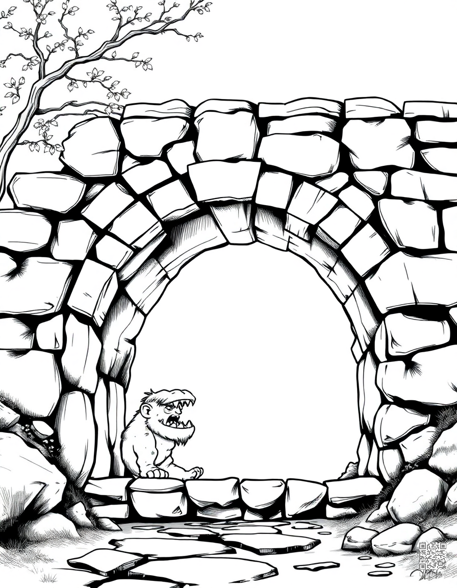 Free troll under a stone bridge coloring page in manga style — printable line art