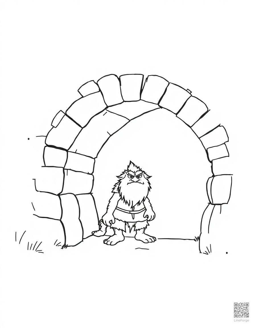 Free troll under a stone bridge coloring page in minimal style — printable line art