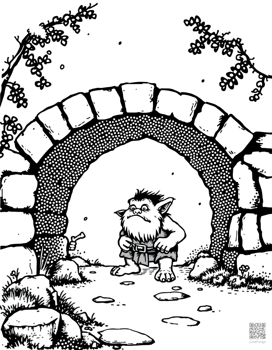 Free troll under a stone bridge coloring page in stipple style — printable line art