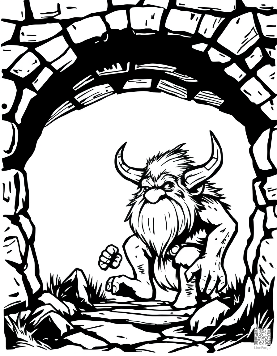 Free troll under a stone bridge coloring page in woodcut style — printable line art