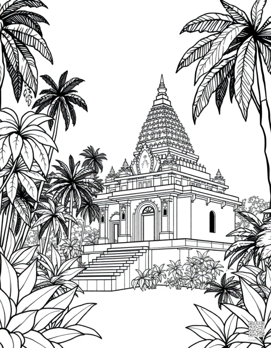 Free tropical bali temple with jungle coloring page in contour style — printable line art