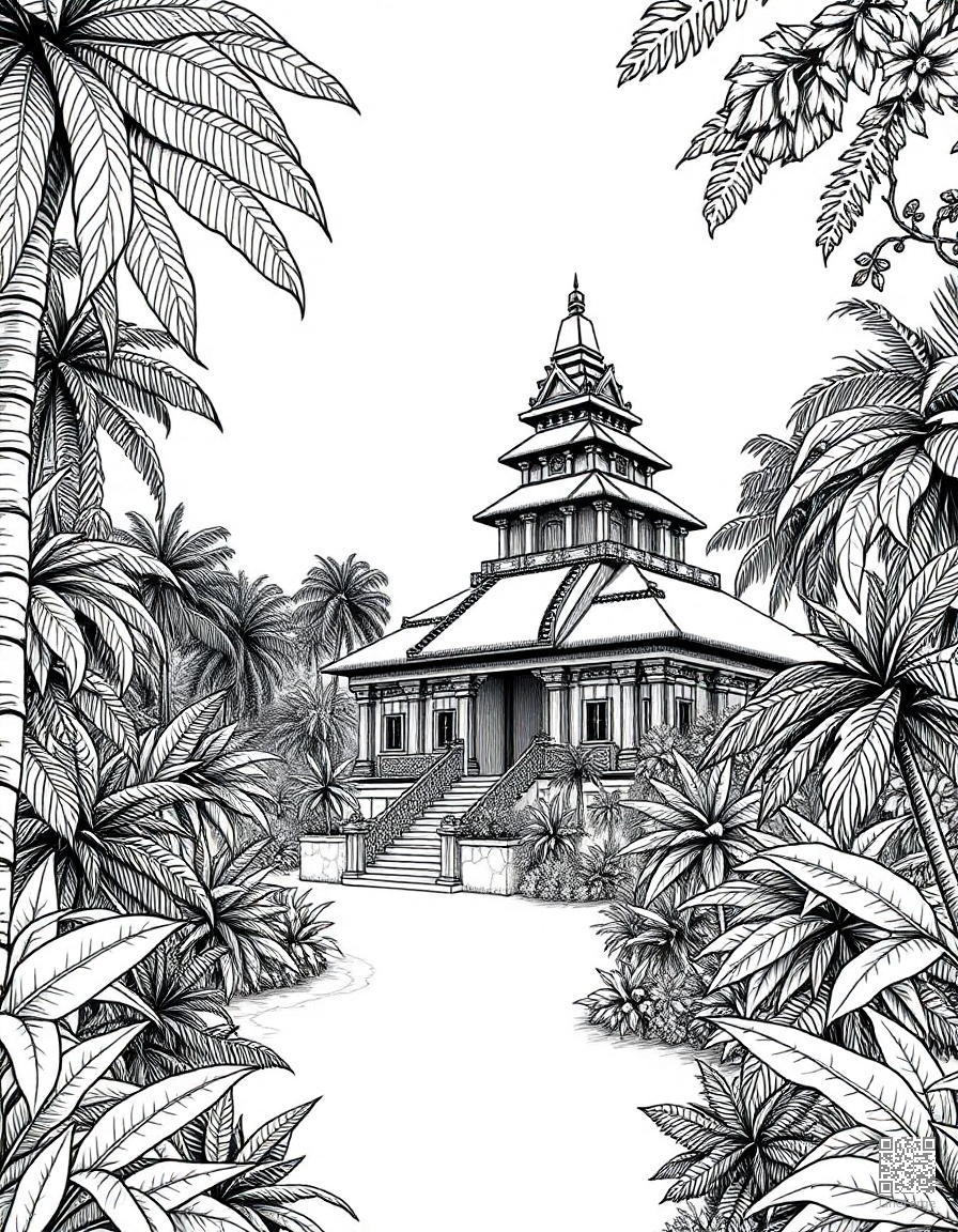 Free tropical bali temple with jungle coloring page in crosshatch style — printable line art
