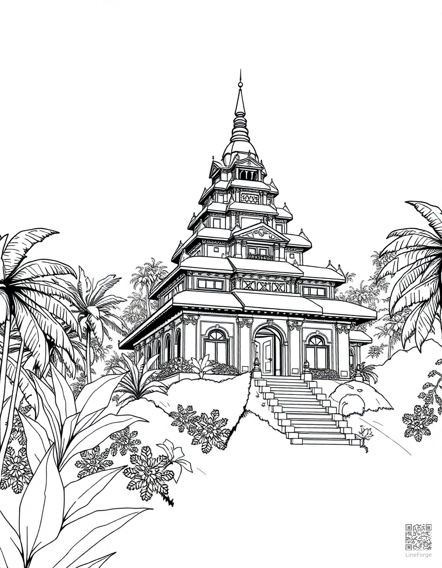 Free tropical bali temple with jungle coloring page in manga style — printable line art