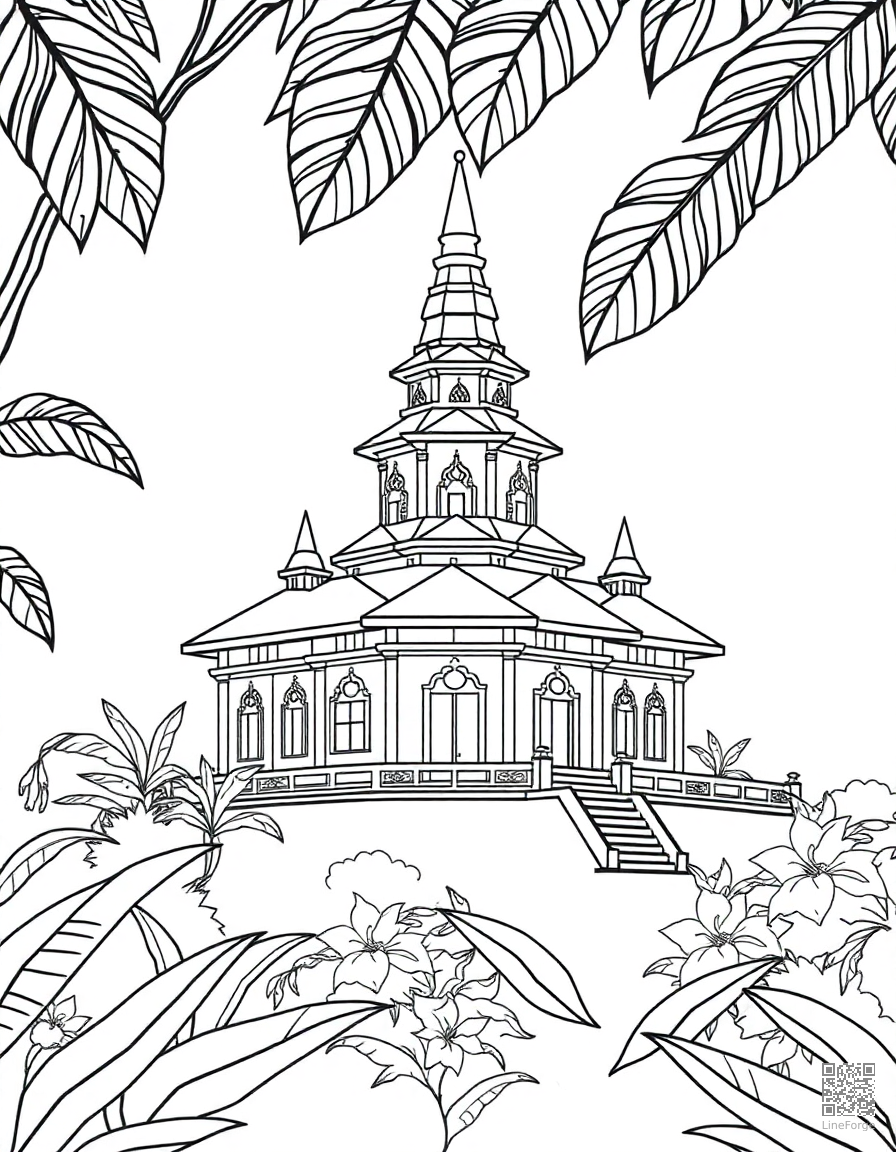Free tropical bali temple with jungle coloring page in minimal style — printable line art