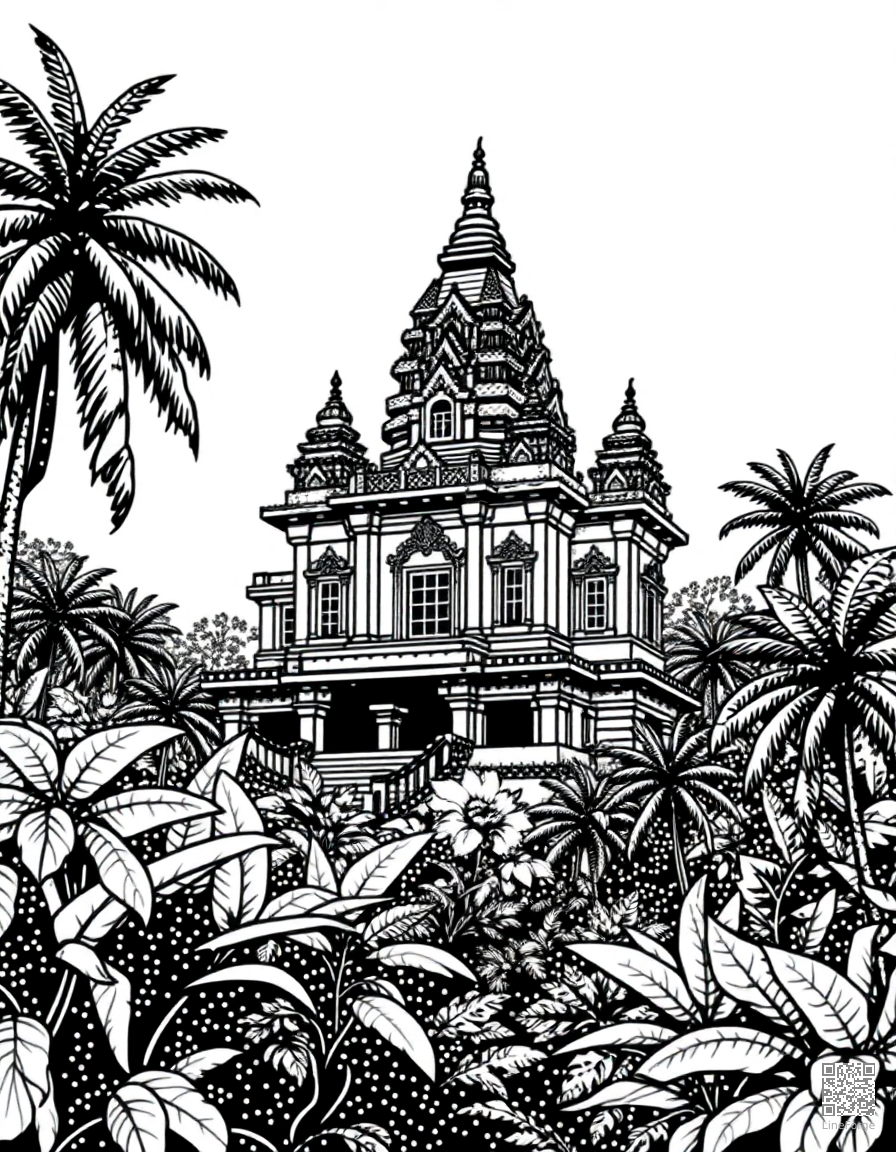 tropical bali temple with jungle coloring page Stipple style free printable