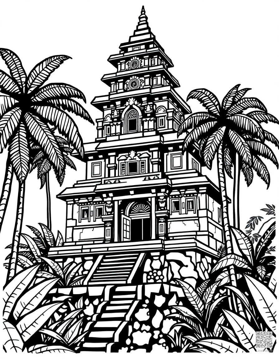 Free tropical bali temple with jungle coloring page in woodcut style — printable line art