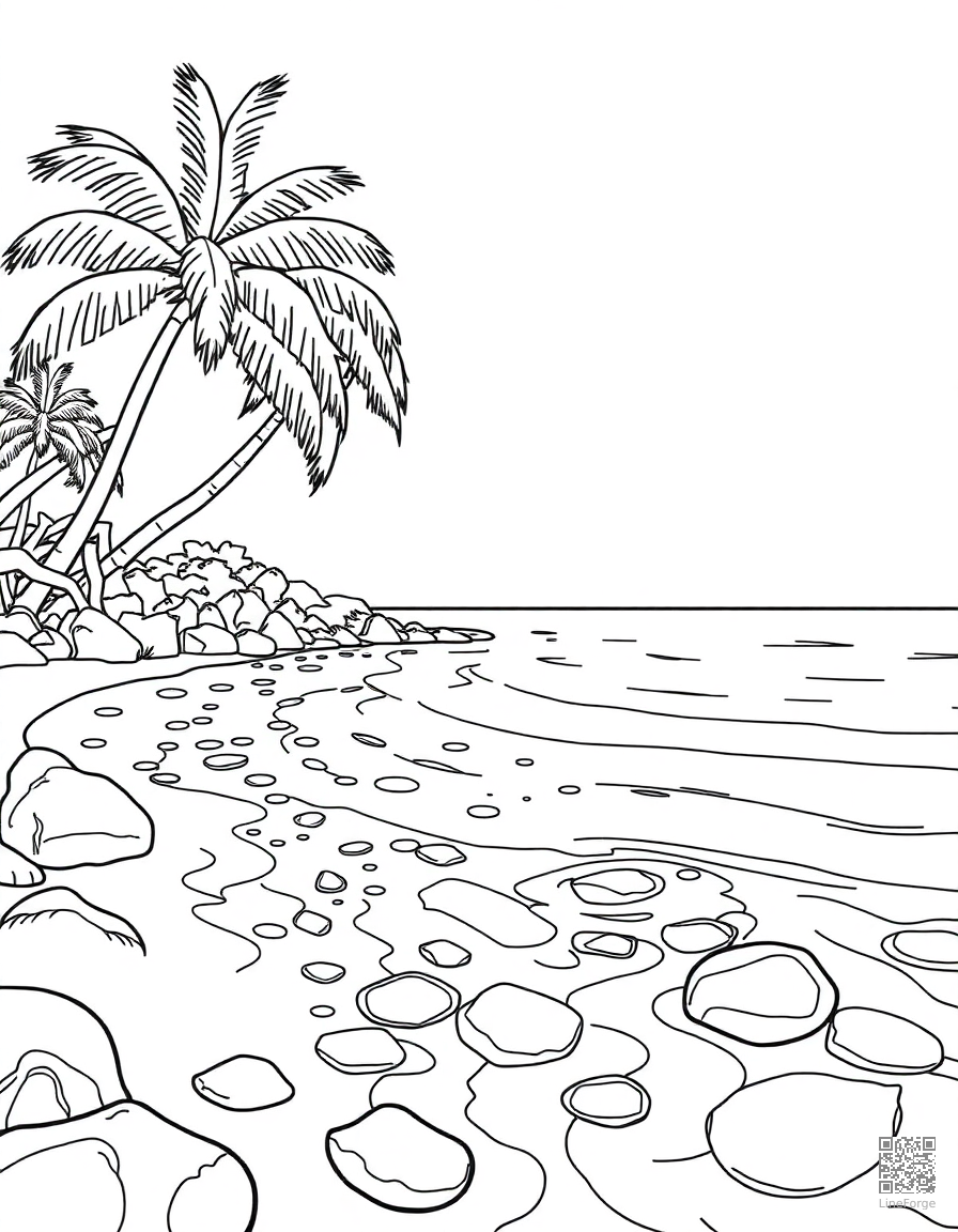tropical beach with crystal clear water coloring page Contour style - free printable