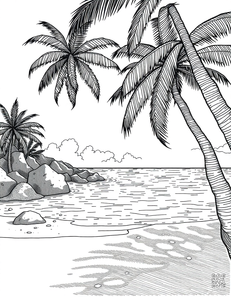 tropical beach with crystal clear water coloring page Crosshatch style - free printable