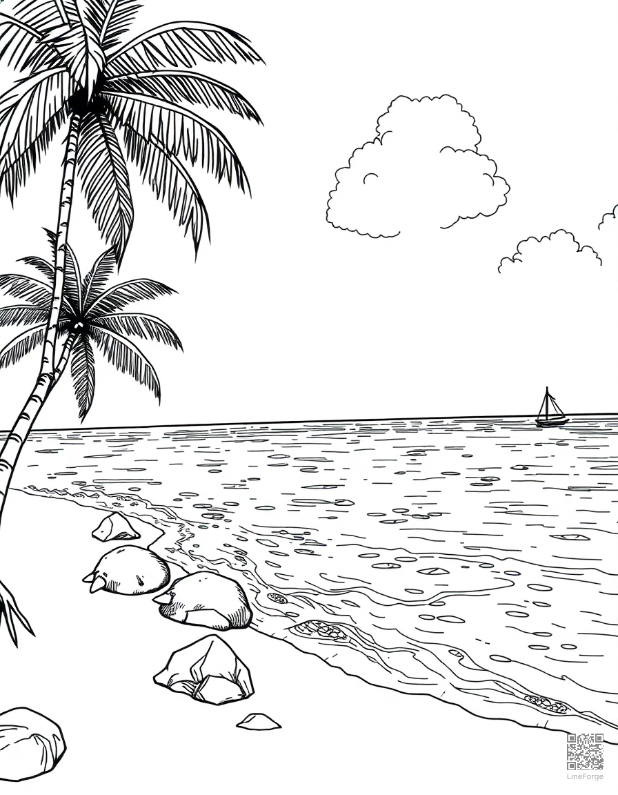 tropical beach with crystal clear water coloring page Manga style - free printable