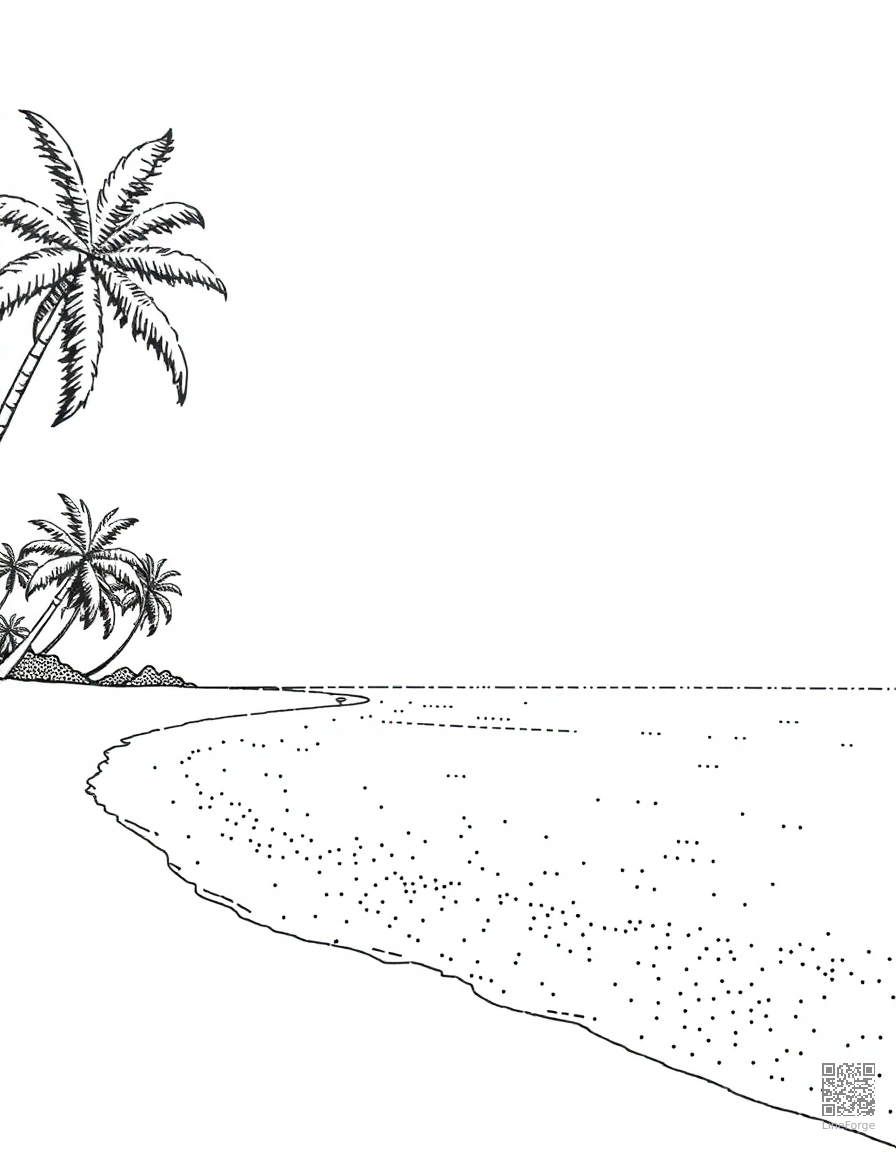 tropical beach with crystal clear water coloring page Stipple style - free printable