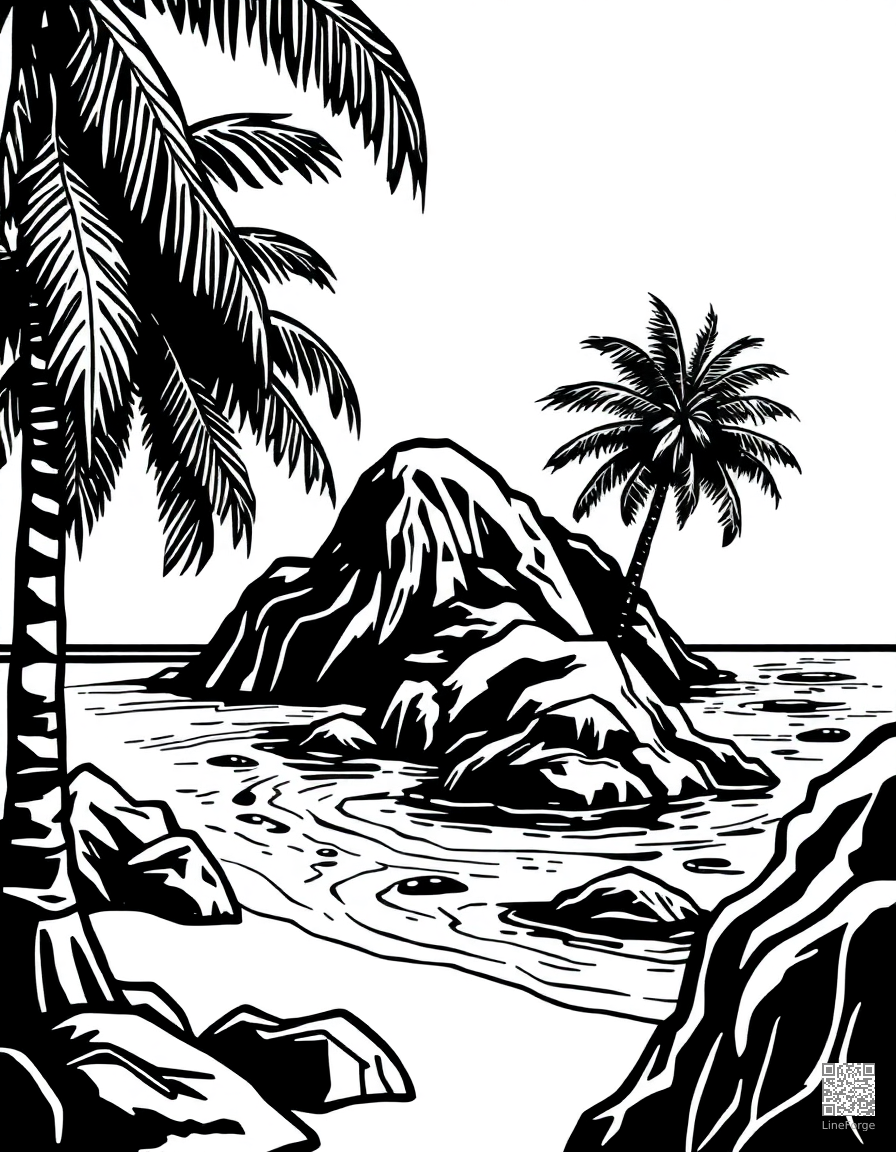 tropical beach with crystal clear water coloring page Woodcut style - free printable