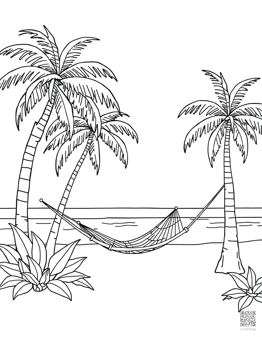 Free tropical beach with palm trees and hammock coloring page in contour style — printable line art